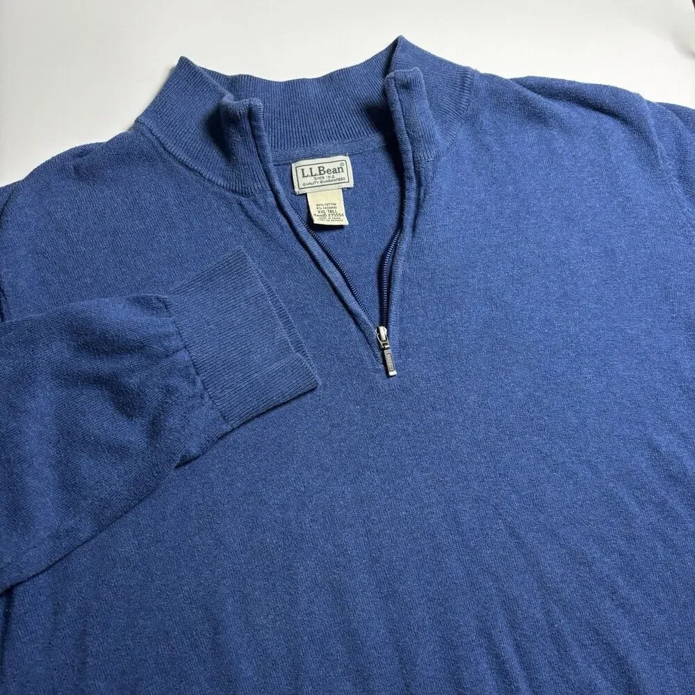 LL Bean Sweater 1/4 quarter Zip Cotton‎ Cashmere Pullover Men's XXLT Tall Blue